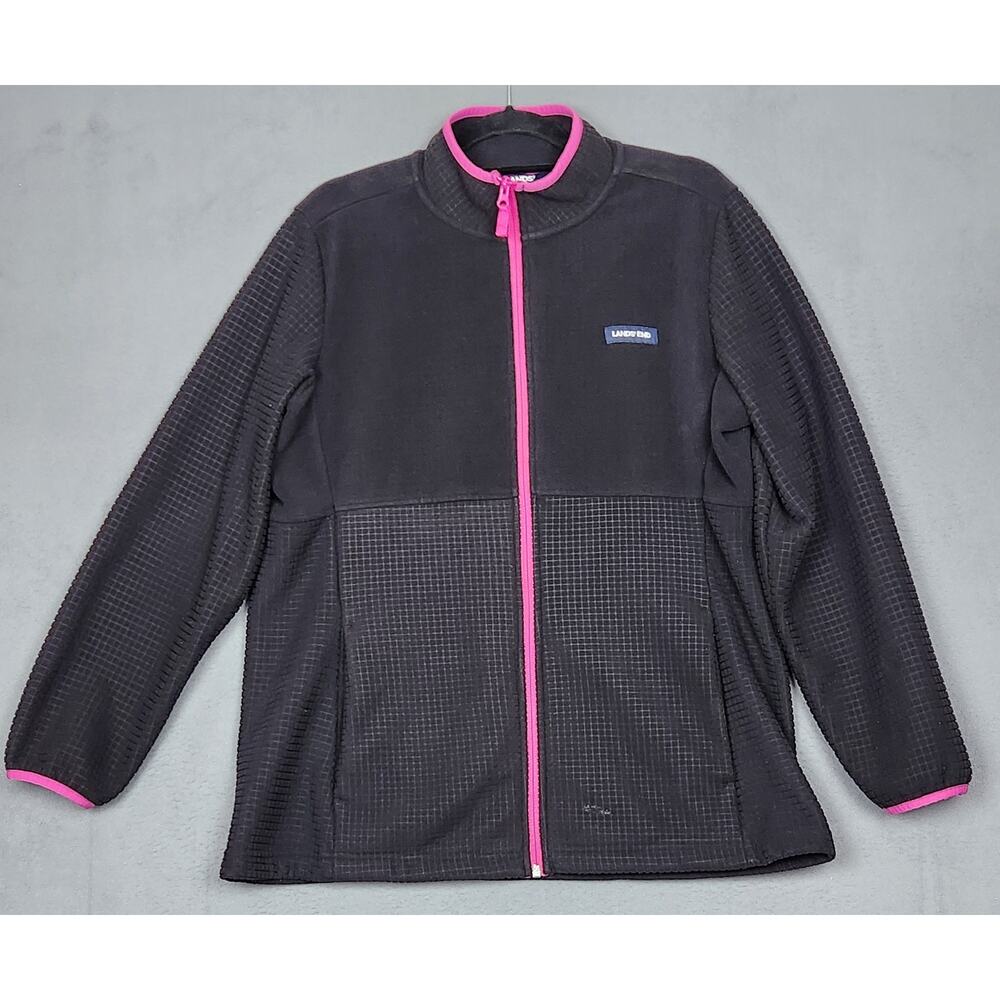 LANDS END Fleece Jacket Women XL Black Full Zip Waffled Lightweight Mock Neck